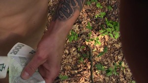 Tatted-up man pulls down his jeans and pokes outside